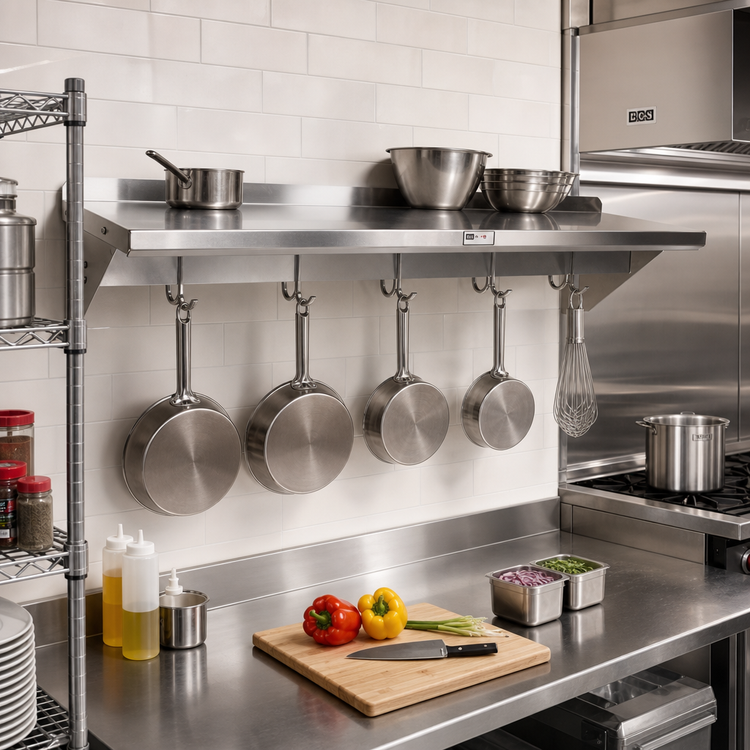 Product image #2 for John Boos Stallion 72-Inch Wall-Mount Stainless Steel Pot Rack Shelf with 6 Hooks