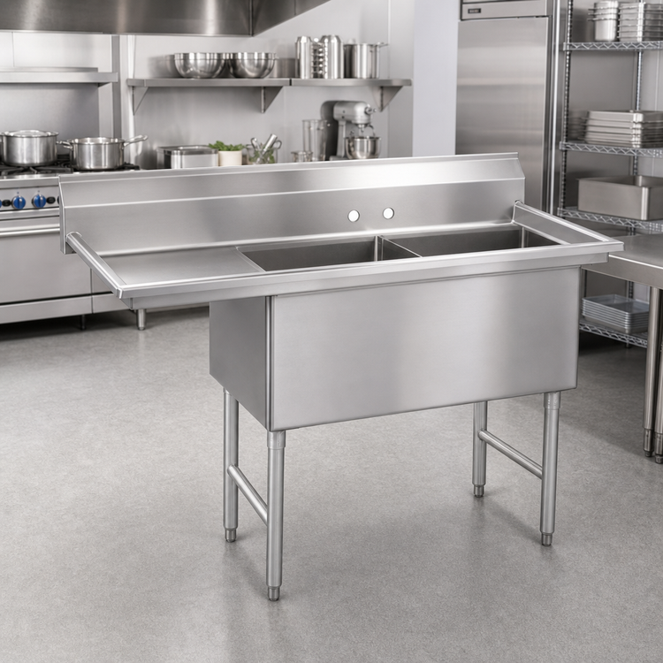 Product image #2 for Advance Tabco Two-Compartment Fabricated Sink with 18-Inch Left Drainboard, 24 x 24 x 14-Inch Bowls, 16-Gauge 304 Stainless Steel