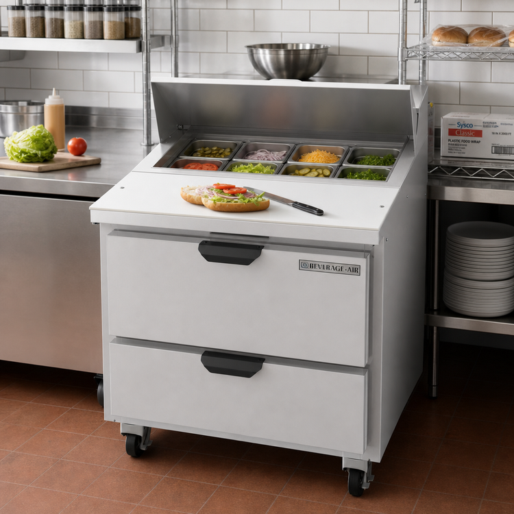 Product image #2 for Beverage-Air 32-Inch 1-Section Sandwich Top Refrigerated Prep Table with 2 Drawers