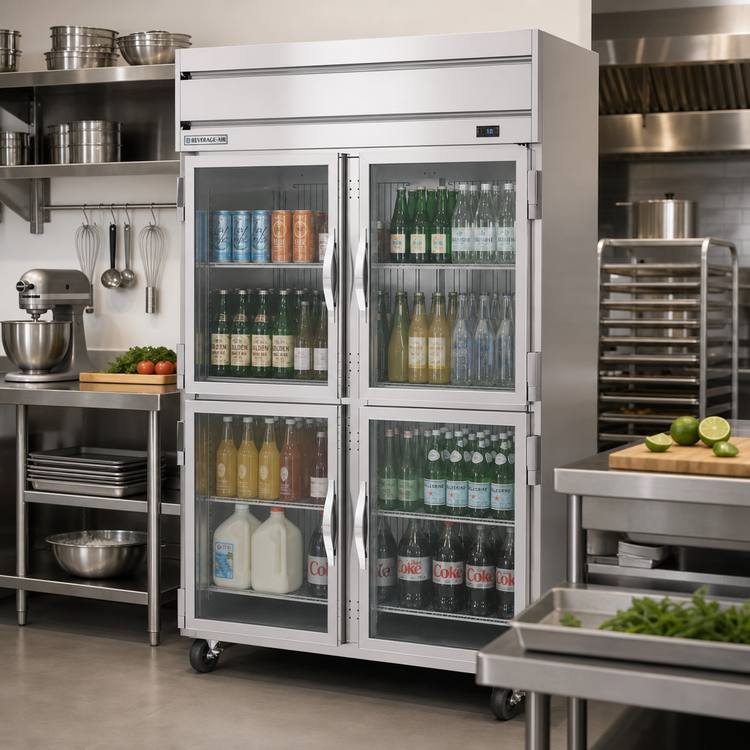 Product image #2 for Beverage-Air Horizon Series Two-Section Reach-In Refrigerator with 4 Half Glass Doors, 46.88 Cu. Ft., Top-Mounted Self-Contained