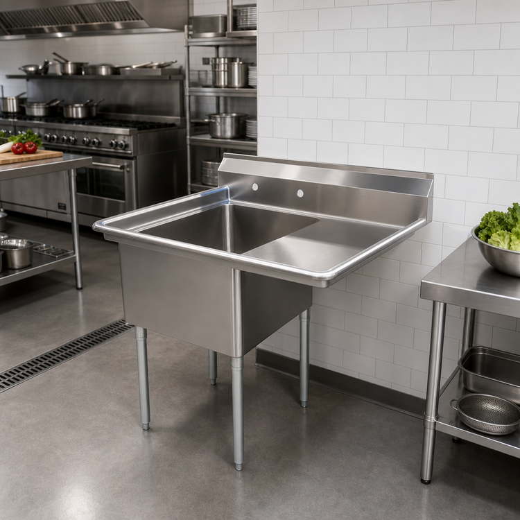 Product image #2 for 1-Compartment 304 Stainless Steel Sink with Right-Hand Drainboard, 40-1/2" W x 25-1/2" D x 44-1/4" H
