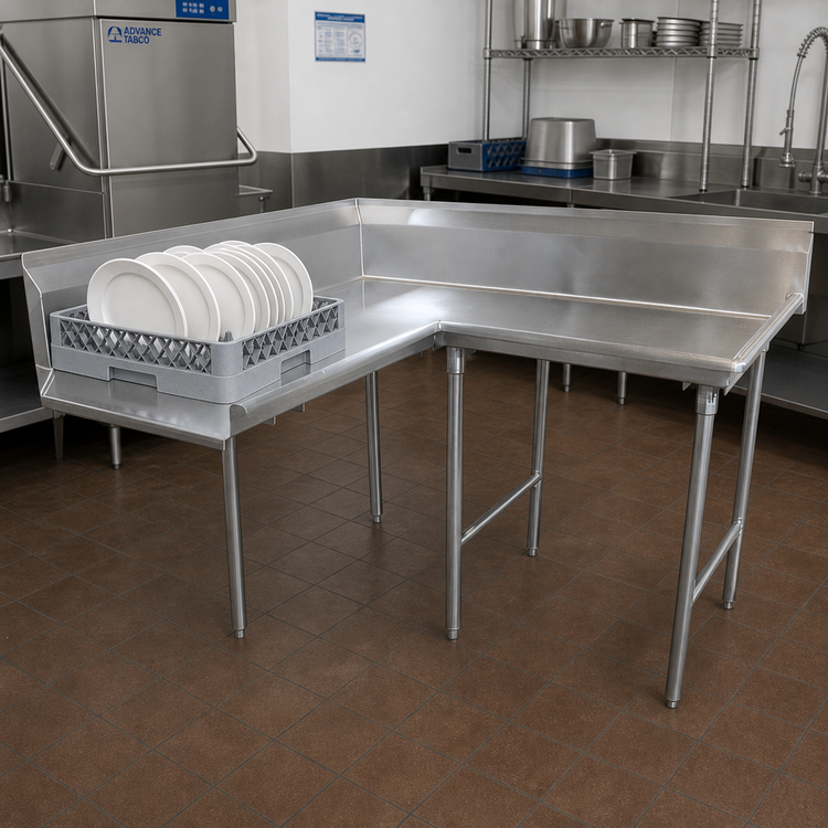 Product image #2 for Advance Tabco Korner Clean Spec-Line Right-Hand L-Shaped Corner Dish Table, 59-Inch, 14-Gauge 304 Stainless Steel
