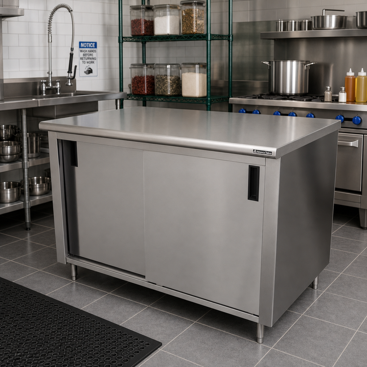 Product image #2 for Advance Tabco Special Value 48" x 30" Enclosed Work Table with Cabinet Base, Mid-Shelf and Sliding Doors