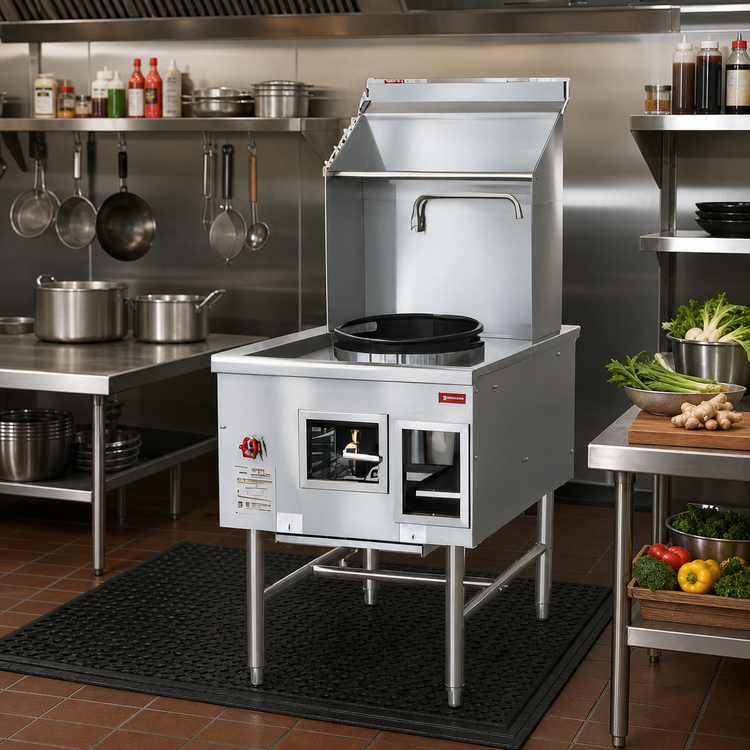 Product image #2 for Omcan USA Single Chamber Natural Gas Wok Range with 16-Inch Ring, Faucet, Backsplash & Pipe Rack, 125,000 BTU