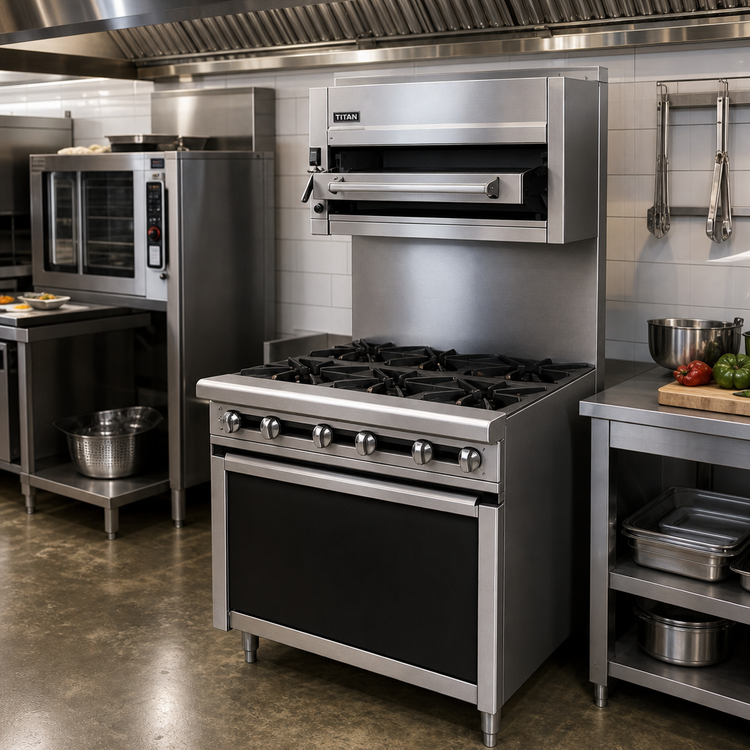 Product image #2 for Titan JTRHE-2-2 24" Heavy Duty Gas Step-Up Range with 4 Open Burners and Cabinet Base