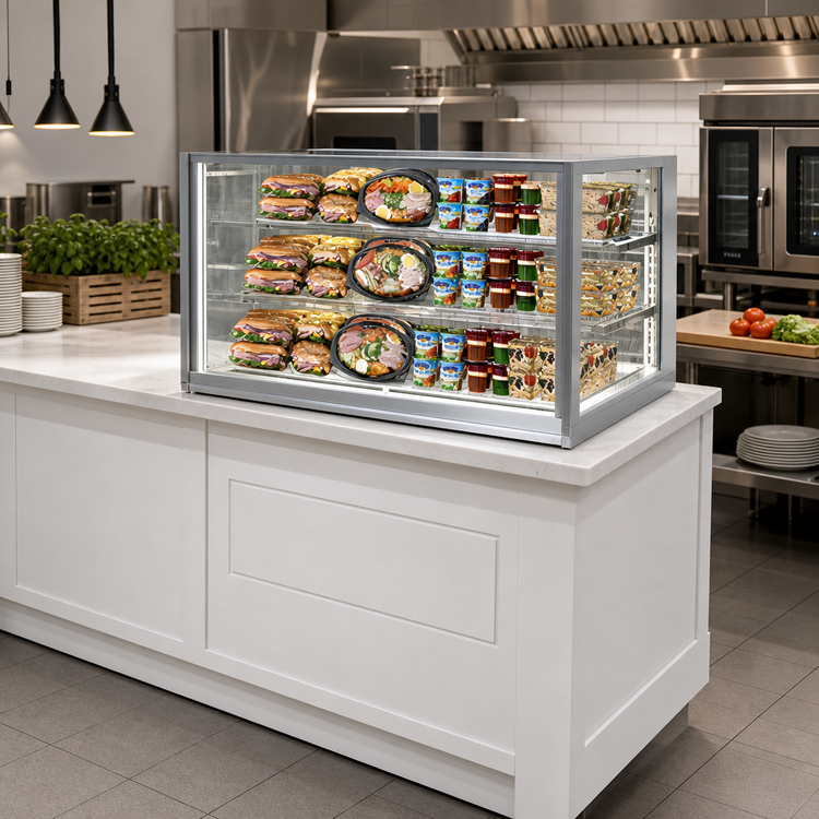 Product image #2 for Italian Glass 48-Inch Drop-In Self-Contained Refrigerated Counter Display Case with 3 Adjustable Glass Shelf Tiers