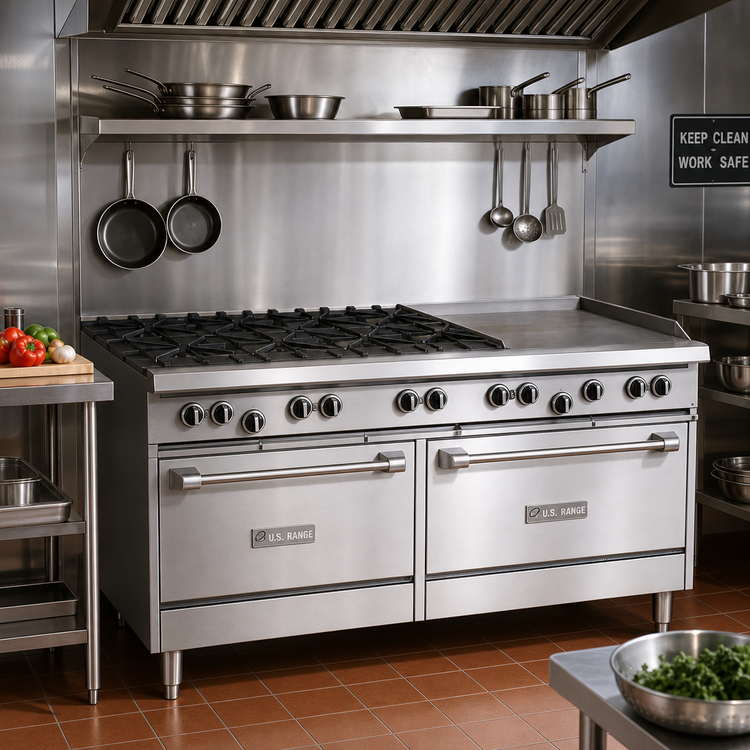 Product image #2 for US Range U Series 60-Inch Gas Restaurant Range with 1 Griddle and 2 Storage Base Cabinets