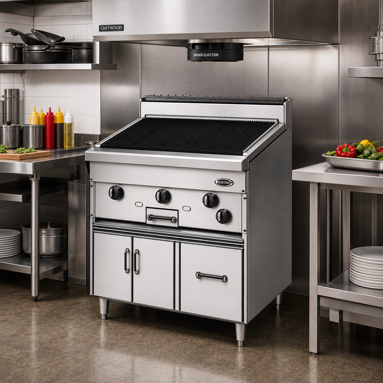 Product image #2 for Bistro 24-Inch Gas Restaurant Range with Chitwood Charbroiler, Cabinet Base, and Smoke-Ejector System