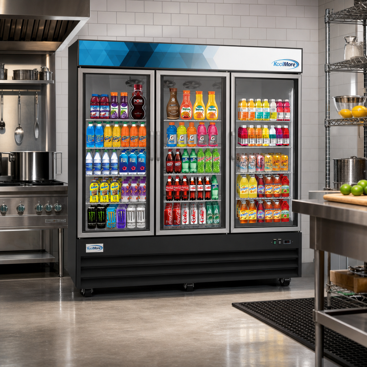 Product image #2 for KoolMore 78-Inch Three-Door Glass Door Merchandiser Refrigerator, 53 Cu. Ft., Black Stainless Steel