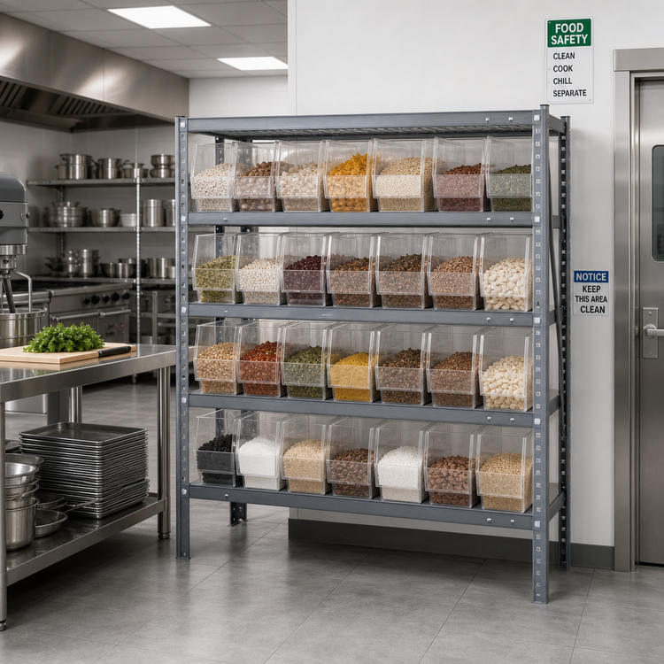 Product image #2 for Quantum Heavy-Duty Stationary Wire Shelving Unit with 5 Shelves and 18 Clear Bins, 36 x 12 x 39 Inches