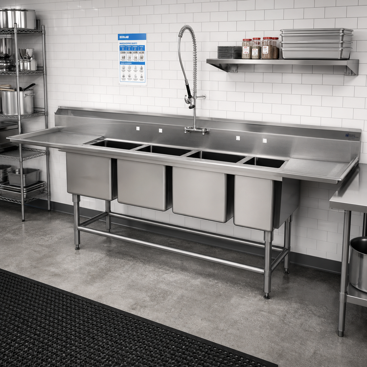 Product image #2 for Eagle Spec-Master FN Series 144" Four-Compartment Stainless Steel Commercial Sink with Dual 36" Drainboards