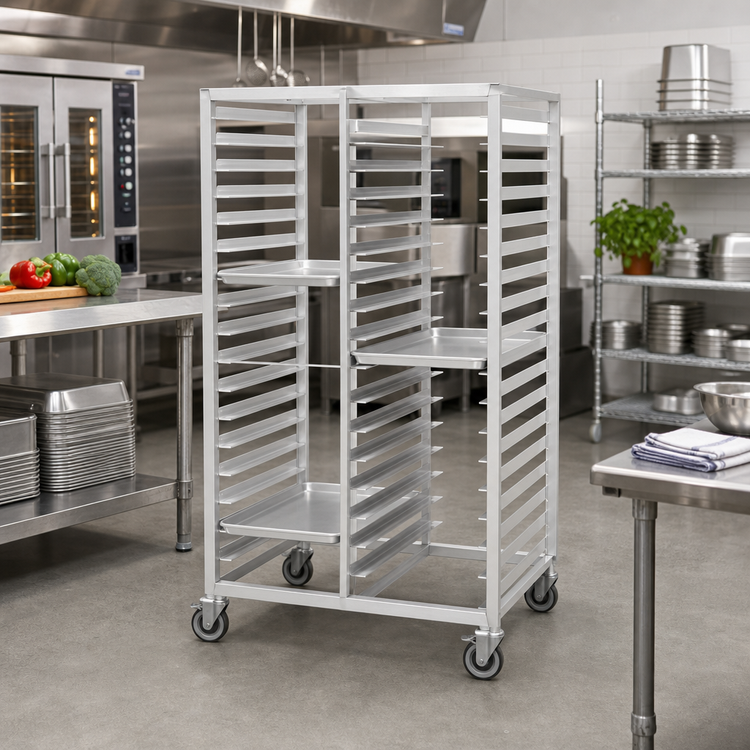 Product image #2 for Standard Series Double-Section Aluminum Cafeteria Tray Rack with 5-Inch Swivel Plate Casters, 64-Inch, 36-Tray, 15 x 20-Inch