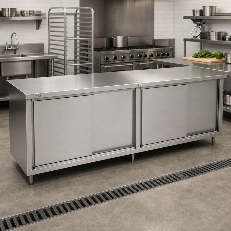 Product image #2 for John Boos 108" x 30" Stainless Steel Enclosed Work Table with Sliding Doors