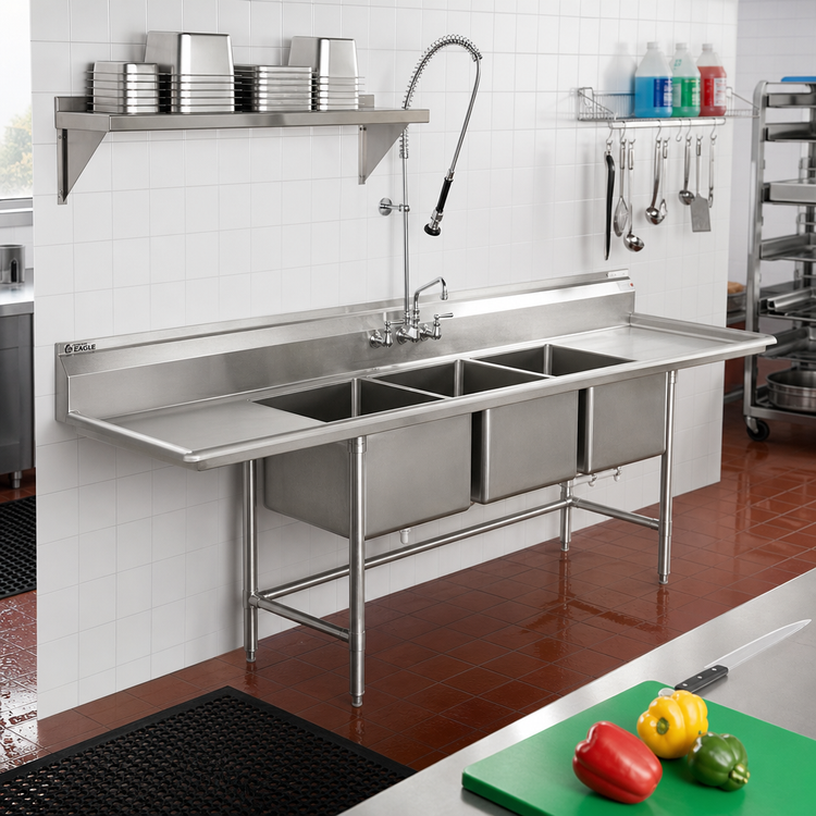 Product image #2 for Eagle Group S16 Series Three-Compartment Sink with Right-Hand Drainboard, 20 x 20 x 14 Inch Bowls, 89.5 Inch Wide
