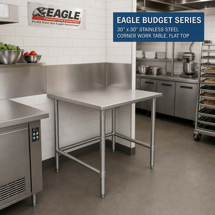 Product image #2 for Eagle Budget Series 30 x 30 Inch Stainless Steel Corner Work Table, Flat Top
