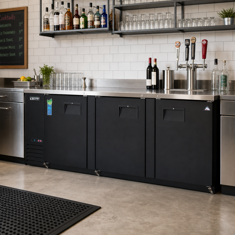 Product image #2 for Everest Refrigeration EBB90 Three-Section Back Bar Refrigerator, 89-1/4 Inch Wide, 32 Cu. Ft., Black Vinyl