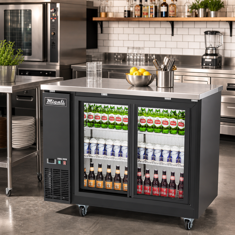 Product image #2 for Migali 48.75-Inch Back Bar Refrigerator with 2 Sliding Glass Doors and Stainless Steel Top
