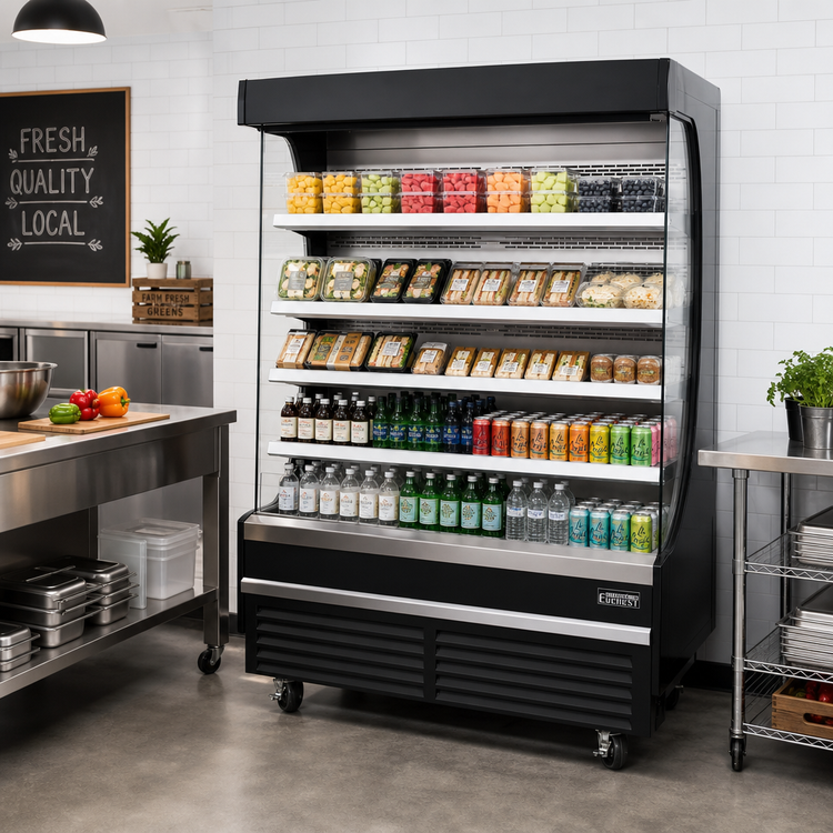 Product image #2 for Everest Refrigeration EOMV-72-B-35-T Vertical Open Display Merchandiser, 73-1/4" W, 37 Cu. Ft., Self-Contained Bottom Mount