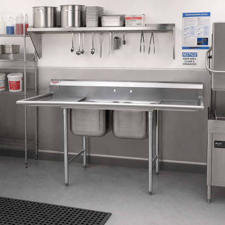 Product image #2 for Eagle Group 414 Series Freestanding 2-Compartment Stainless Steel Sink with Left & Right Drainboards, 88-Inch Wide