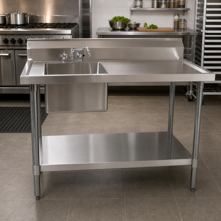 Product image #2 for BK Resources 48-Inch Left-Side Prep Sink Work Table with 18/304 Stainless Steel Top and 6-Inch Backsplash