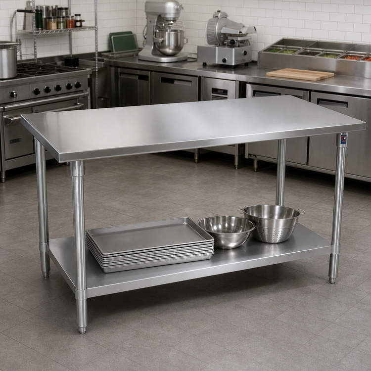 Product image #2 for John Boos Stallion 108-Inch x 36-Inch 14-Gauge 300 Series Stainless Steel Flat-Top Work Table with Galvanized Base and Adjustable Undershelf