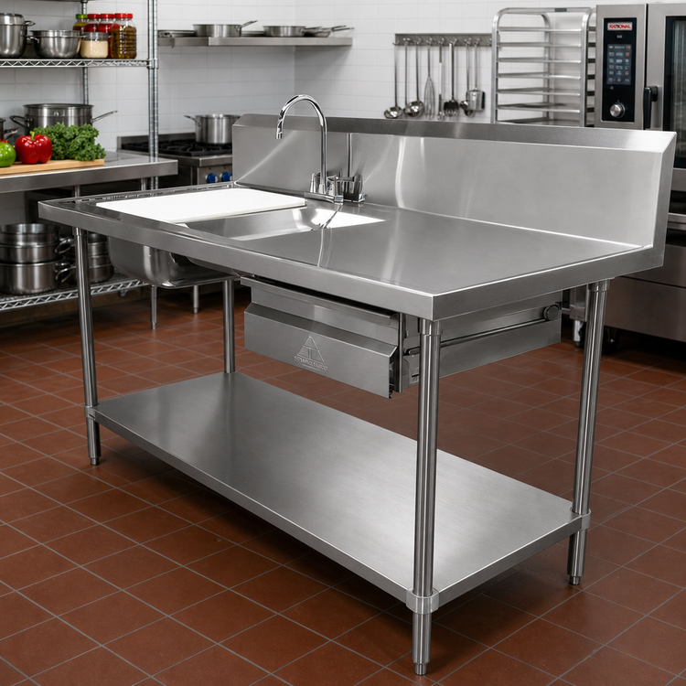 Product image #2 for Advance Tabco Poly-Vance 96-Inch x 30-Inch Stainless Steel Sink Prep Table with Dual Bowls, Faucet, Cutting Board, Drawer and Undershelf