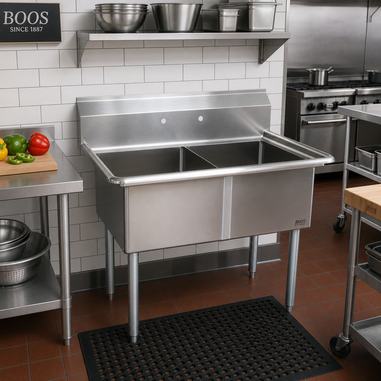 Product image #2 for John Boos E-Series 2-Compartment 18-Gauge Stainless Steel Sink with 16 x 20 x 12 Inch Bowls and Galvanized Legs