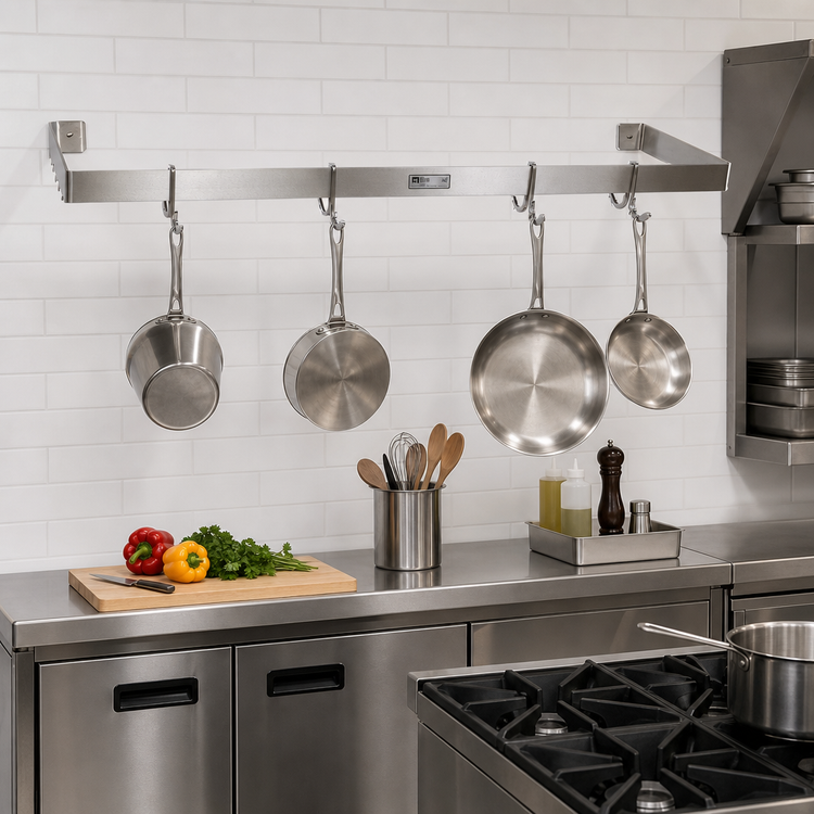 Product image #2 for John Boos Wall-Mount Stainless Steel Single-Bar Pot Rack with 6 Double Hooks