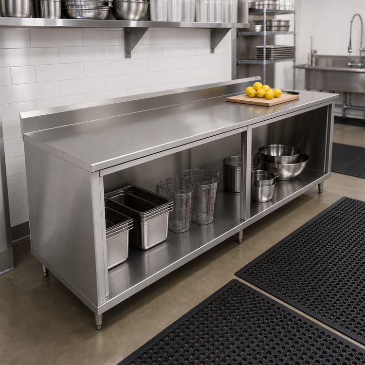 Product image #2 for John Boos Stainless Steel Underbar Work Table with Open Front Cabinet Base, 108" W x 36" D, 5" Backsplash