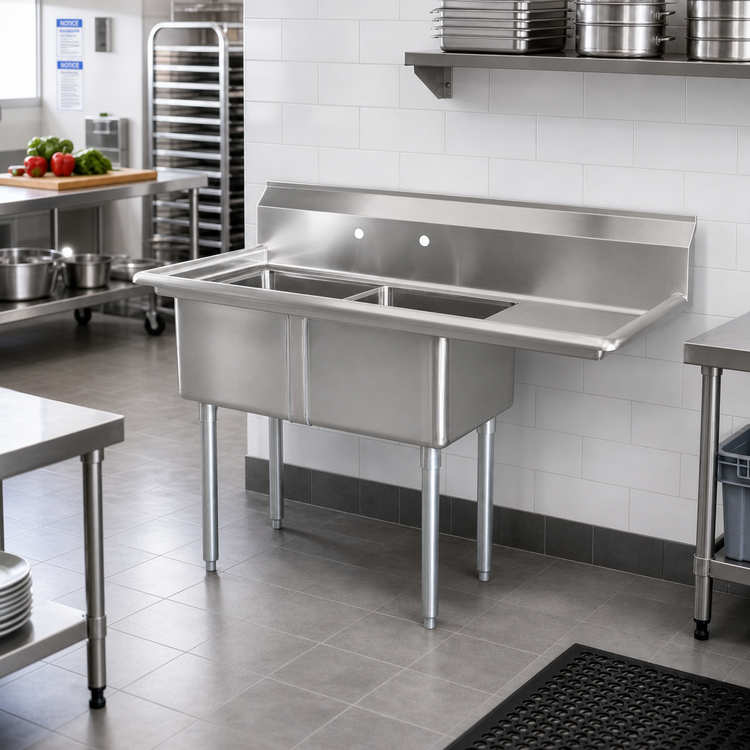 Product image #2 for Commercial 2-Compartment Pot Sink with Right Drainboard and 24 x 24 x 14-Inch Bowls