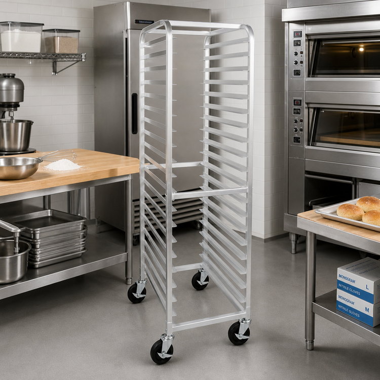 Product image #2 for Crestware 20-Tier Aluminum End-Loading Bun Pan Rack with Locking Casters, 26 x 20 x 69 Inches