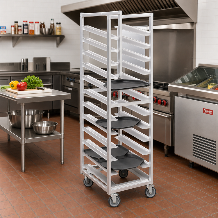 Product image #2 for Channel Trapezoidal Aluminum Cafeteria Tray Rack Cart, Single Section, 36-Inch High, End Load, 18-Tray Capacity, 15 x 20 Tray Size