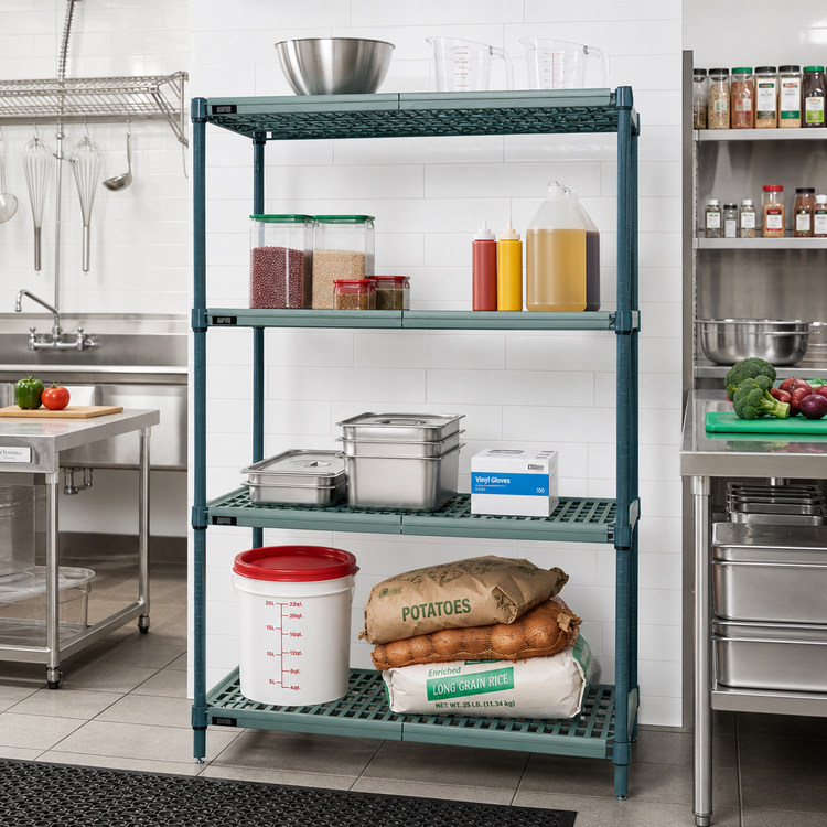 Product image #2 for Quantum 4-Tier Stationary Wire Plastic Mat Shelving Unit, 48 x 14 x 74 Inches, Green Epoxy Coated