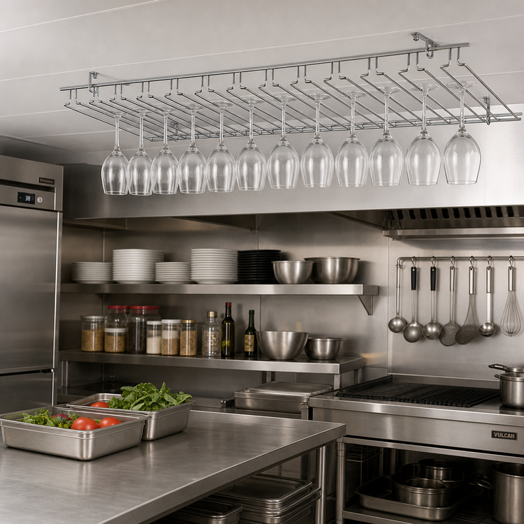 Product image #2 for Winco Overhead Ceiling-Mount Chrome-Plated Glass Rack, 18 x 48 x 4 Inches, 11 Channels