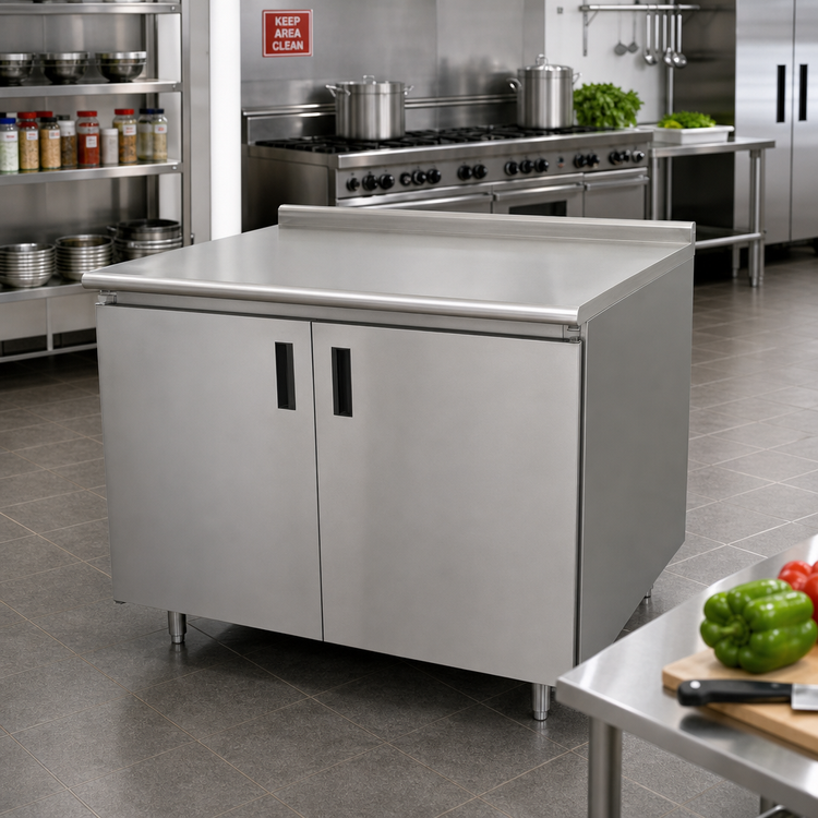 Product image #2 for Advance Tabco Cabinet Base Enclosed Work Table, 48 x 36 Inches, 14-Gauge 304 Stainless Steel Top, 1-1/2-Inch Rear Up-Turn