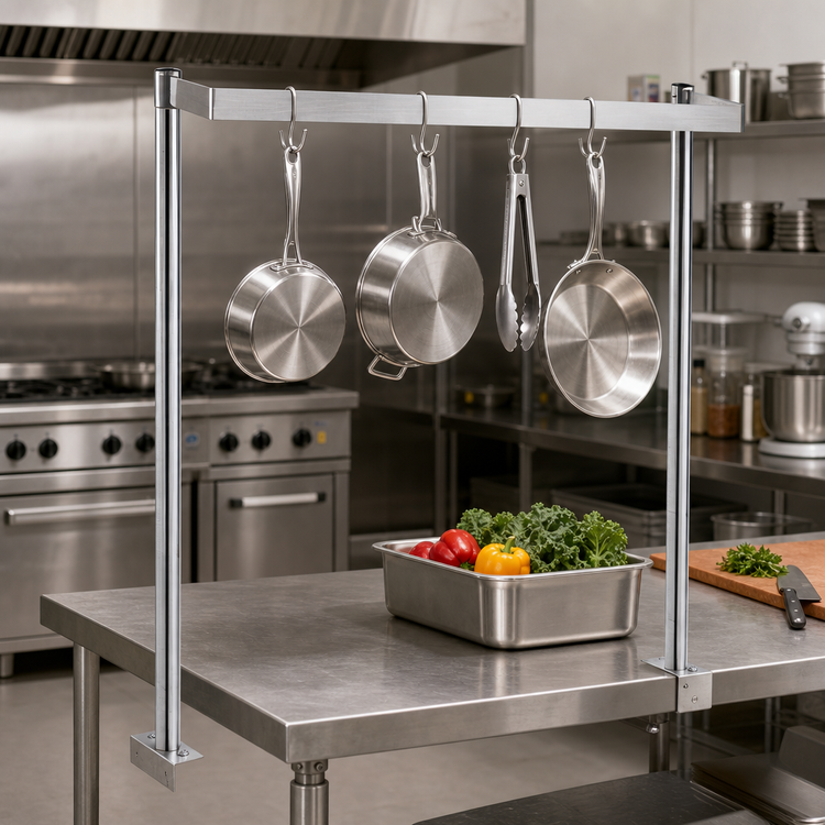 Product image #3 for 36-Inch Adjustable Table-Mounted U-Shaped Stainless Steel Pot Rack with Double-Prong Hooks
