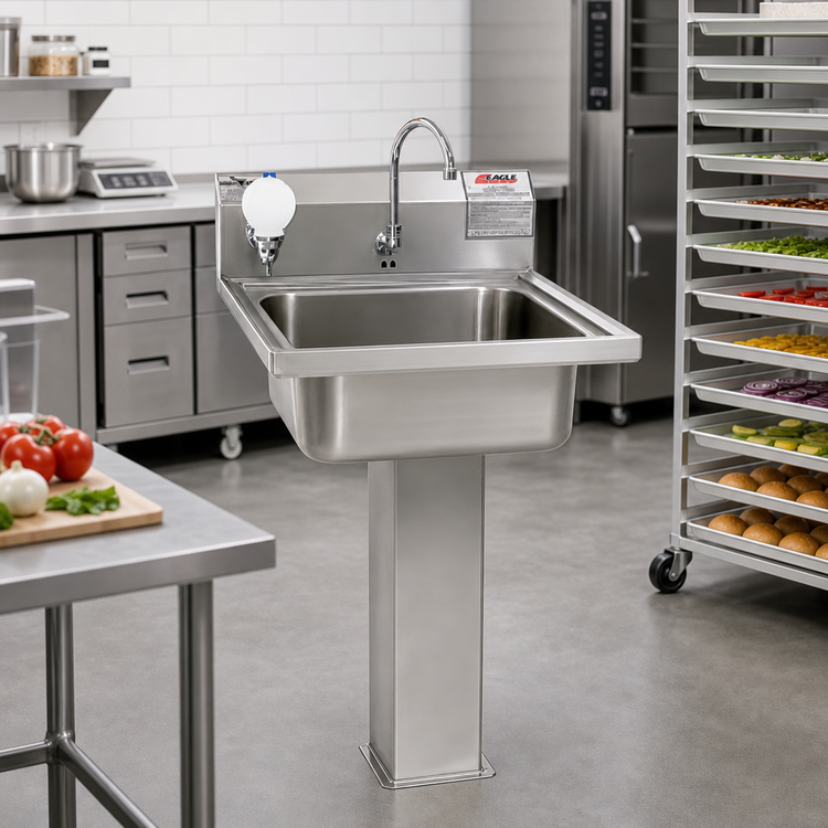 Product image #2 for Eagle Group Pedestal-Mount Lavatory Hand Sink with Electronic Eye Gooseneck Spout, Soap Dispenser & Basket Drain