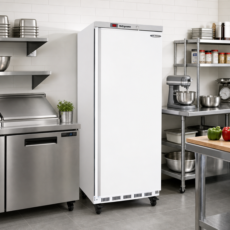Product image #2 for Serv-Ware 25 Cu. Ft. 1-Door Reach-In Freezer with White Painted Finish, Bottom-Mounted Compressor, 115V