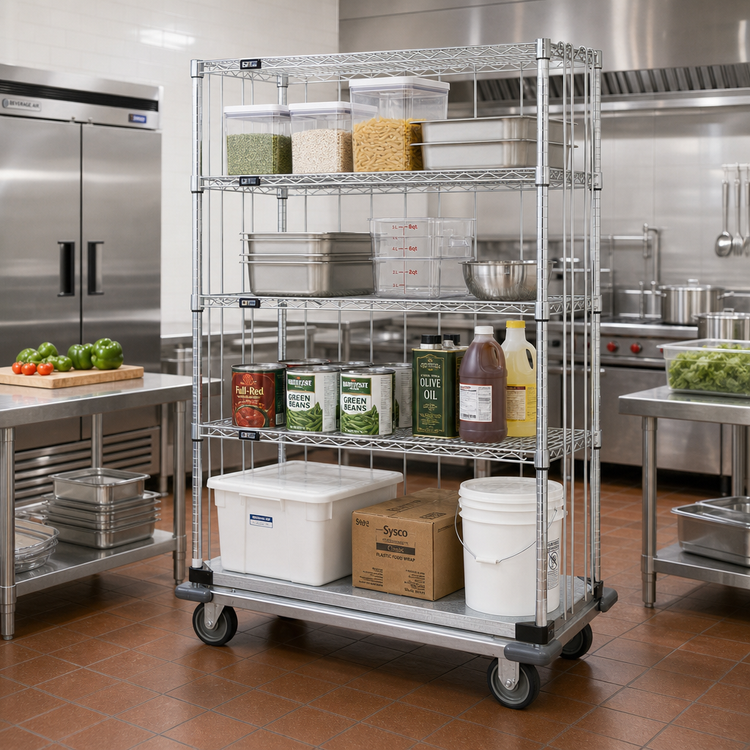 Product image #2 for Quantum Mobile Enclosure Wire Shelving Cart, 48-Inch W x 24-Inch D x 81-Inch H, Chrome-Plated