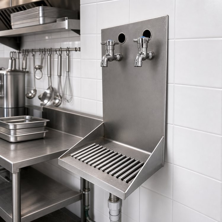 Product image #2 for Wall Mount Stainless Steel Drip Tray Trough with 2 Faucet Holes and 1/2 Inch NPT Drain