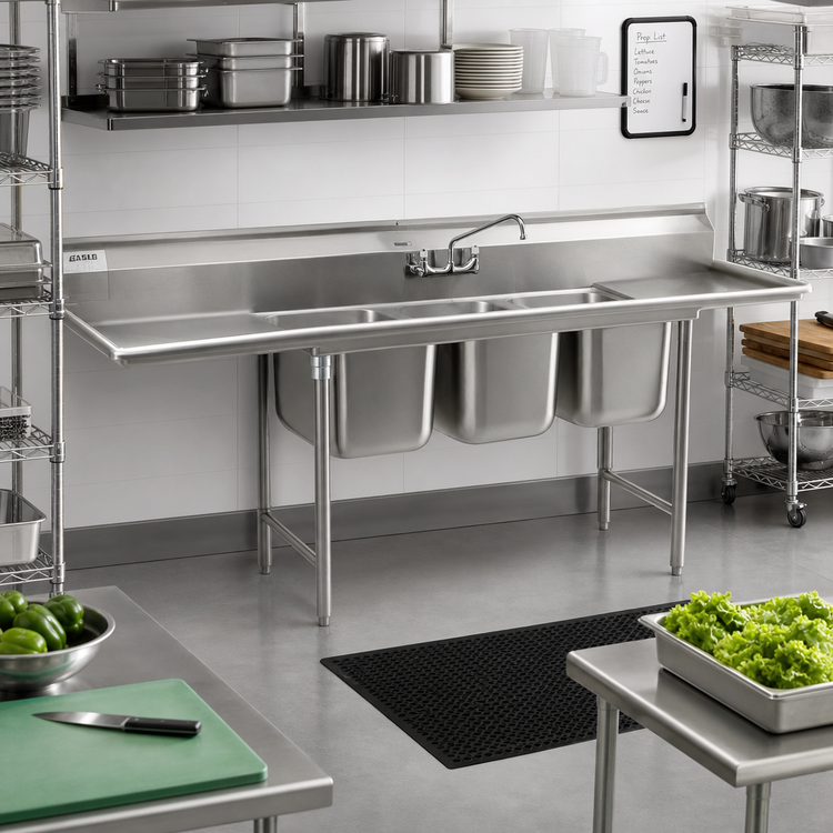 Product image #2 for Eagle Group 314 Series 3-Compartment Sink with Left Drainboard, 304 Stainless Steel, 86-3/4 Inch Wide x 31-3/4 Inch Deep