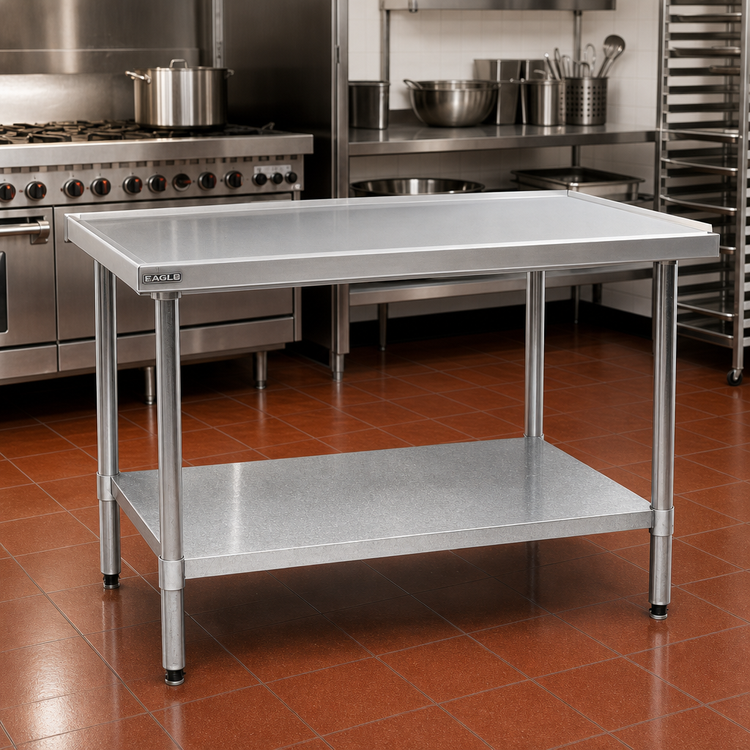 Product image #2 for Eagle Group Spec-Master Marine Series 72"W x 36"D 14-Gauge Stainless Steel Flat Top Work Table with Adjustable Galvanized Undershelf