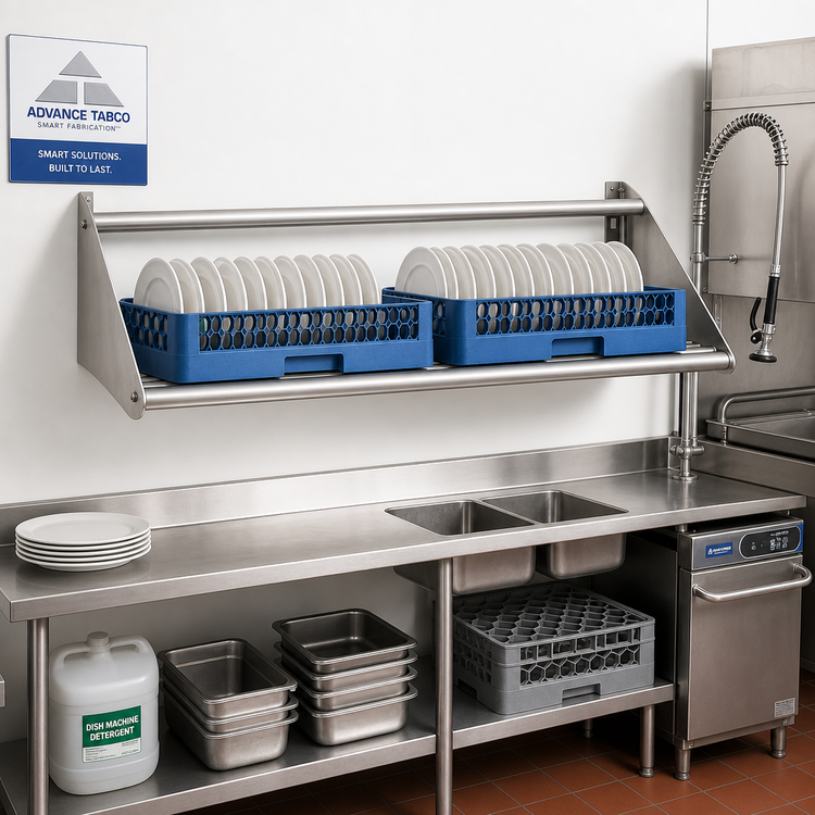 Product image #2 for Advance Tabco Special Value Series Wall-Mounted Stainless Steel Tubular Sorting Shelf, 42 Inch, for 2 Full-Size Dish Racks