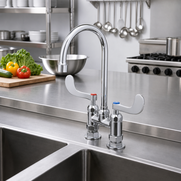 Product image #2 for T&S Brass B-0325-CR-WH4 Double Pantry Deck-Mount Faucet with 5-3/4" Swivel/Rigid Gooseneck Spout, 4" Centers