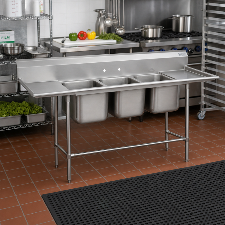 Product image #2 for Advance Tabco Regaline Three-Compartment Sink with Left and Right Drainboards, 16 x 20 Bowls, 14-Gauge 304 Stainless Steel