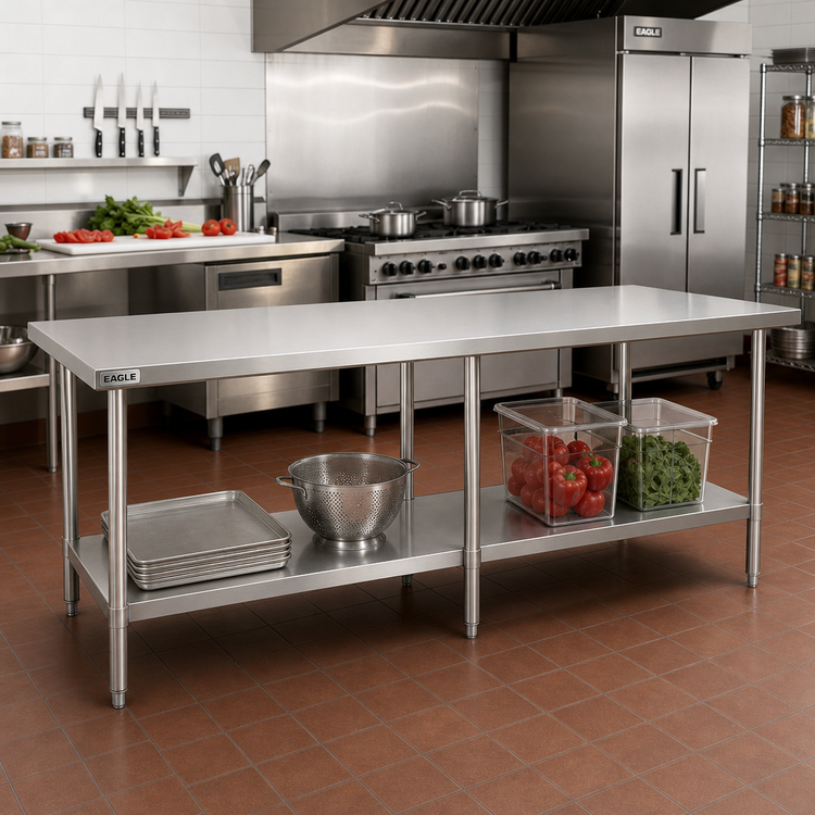 Product image #2 for Eagle Group Budget Series 144-Inch x 30-Inch 430 Stainless Steel Work Table with Adjustable Undershelf