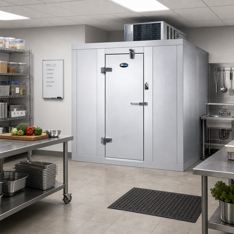 Product image #2 for AmeriKooler Quick Ship Indoor Walk-In Freezer with Floor, 7'-10" W x 9'-9 1/4" L x 7'-7" H, Top-Mount Self-Contained R-448A Refrigeration