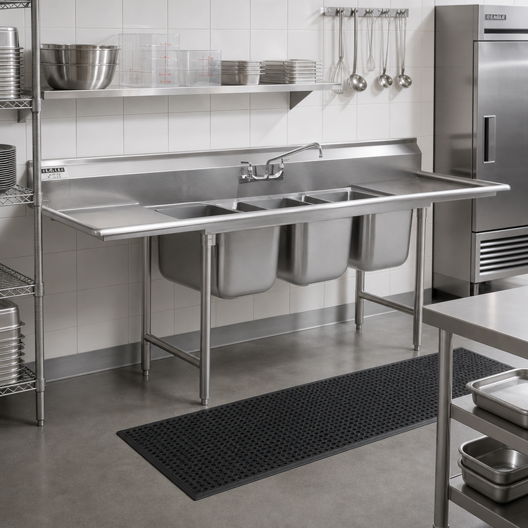 Product image #2 for Eagle Group 314 Series 3-Compartment Stainless Steel Sink with Left and Right Drainboards, 90 Inch Wide