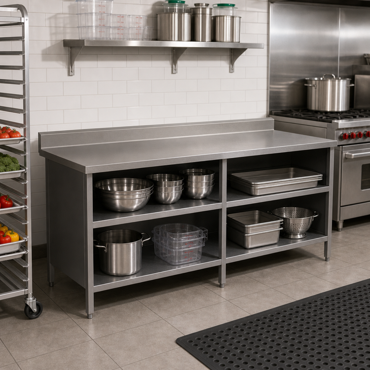 Product image #2 for Open Front Enclosed Base Work Table with 16-Gauge Stainless Steel Top and 5-Inch Backsplash, 84 x 30 Inches