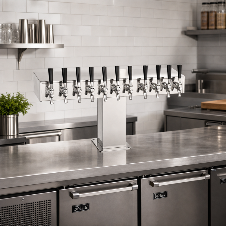 Product image #2 for Perlick Wide Base Extra High 12-Faucet Countertop Glycol-Cooled Tee Draft Beer Tower, Stainless Steel